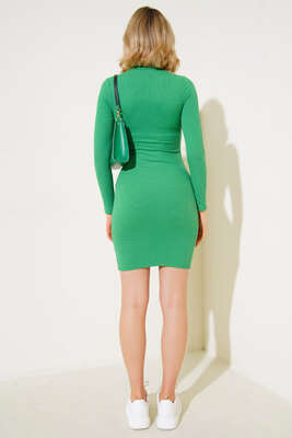 Yaka Fermuarlı Fitilli Elbise Yeşil - Thumbnail