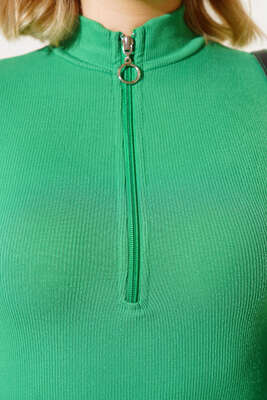 Yaka Fermuarlı Fitilli Elbise Yeşil - Thumbnail