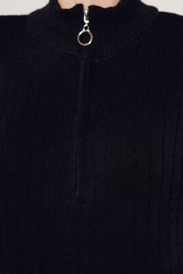 Yaka Fermuarlı Fitilli Uzun Triko Elbise Siyah - Thumbnail