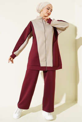 Yaka Fermuarlı Garnili İkili Takım Bordo - NESSİA