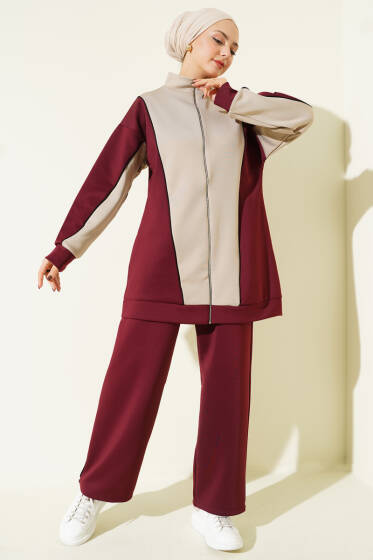 Yaka Fermuarlı Garnili İkili Takım Bordo - İkili Takım