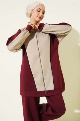 Yaka Fermuarlı Garnili İkili Takım Bordo - İkili Takım