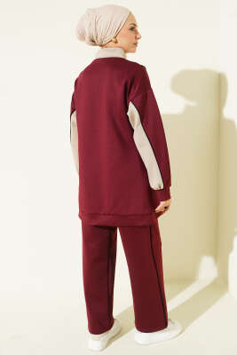 Yaka Fermuarlı Garnili İkili Takım Bordo - İkili Takım