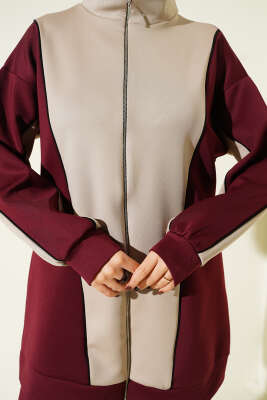 Yaka Fermuarlı Garnili İkili Takım Bordo - İkili Takım