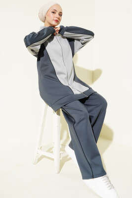 Yaka Fermuarlı Garnili İkili Takım Füme - NESSİA