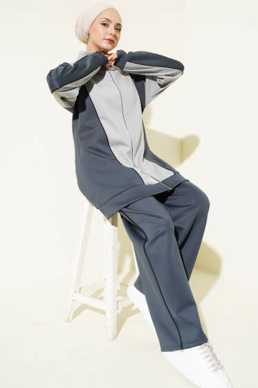 Yaka Fermuarlı Garnili İkili Takım Füme - İkili Takım