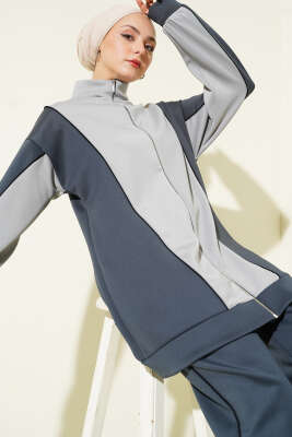 Yaka Fermuarlı Garnili İkili Takım Füme - İkili Takım