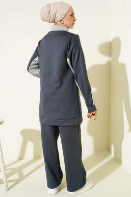 Yaka Fermuarlı Garnili İkili Takım Füme - İkili Takım