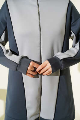 Yaka Fermuarlı Garnili İkili Takım Füme - İkili Takım