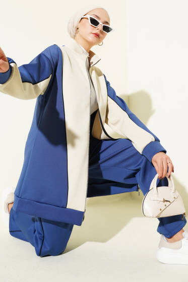 Yaka Fermuarlı Garnili İkili Takım Lacivert - İkili Takım