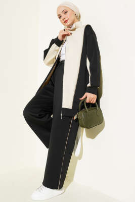 Yaka Fermuarlı Garnili İkili Takım Siyah - NESSİA