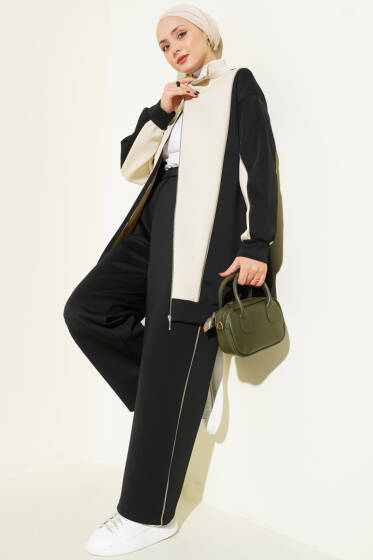 Yaka Fermuarlı Garnili İkili Takım Siyah - İkili Takım