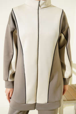 Yaka Fermuarlı Garnili İkili Takım Vizon - İkili Takım