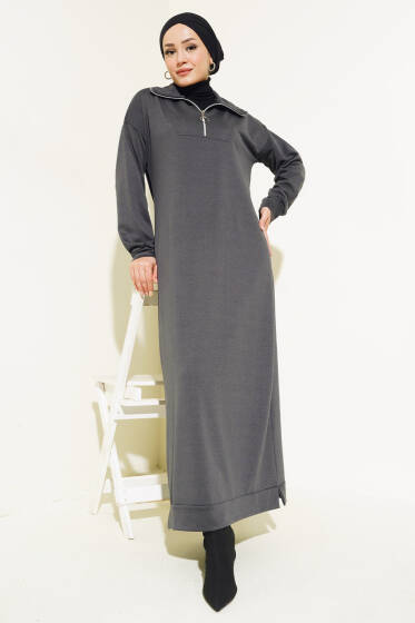 Yaka Fermuarlı İki İplik Elbise Antrasit - Elbise