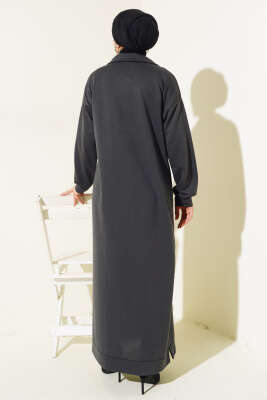 Yaka Fermuarlı İki İplik Elbise Antrasit - Tesettür Elbise
