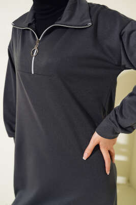 Yaka Fermuarlı İki İplik Elbise Antrasit - Tesettür Elbise