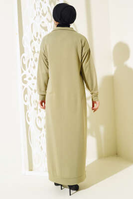 Yaka Fermuarlı İki İplik Elbise Çağla Yeşili - Tesettür Elbise