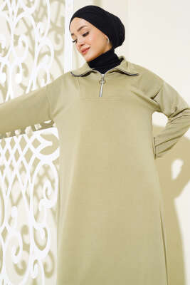 Yaka Fermuarlı İki İplik Elbise Çağla Yeşili - Tesettür Elbise