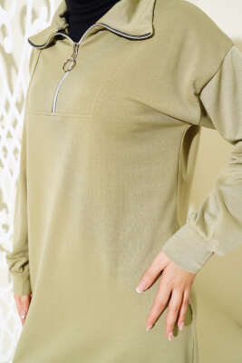 Yaka Fermuarlı İki İplik Elbise Çağla Yeşili - Tesettür Elbise