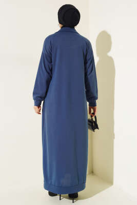 Yaka Fermuarlı İki İplik Elbise İndigo - Tesettür Elbise