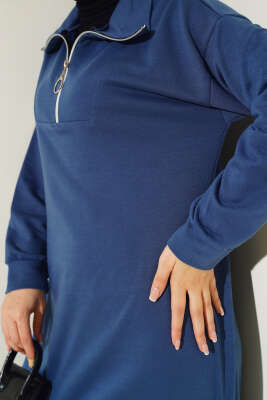 Yaka Fermuarlı İki İplik Elbise İndigo - Tesettür Elbise