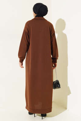 Yaka Fermuarlı İki İplik Elbise Kahve - Tesettür Elbise