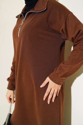 Yaka Fermuarlı İki İplik Elbise Kahve - Tesettür Elbise