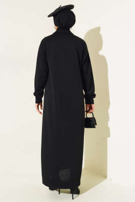 Yaka Fermuarlı İki İplik Elbise Siyah - Tesettür Elbise