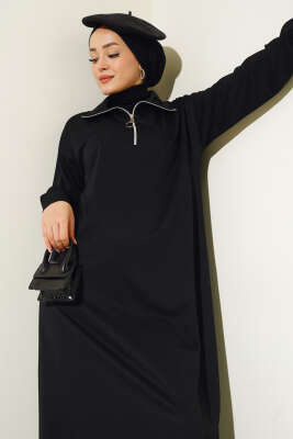 Yaka Fermuarlı İki İplik Elbise Siyah - Tesettür Elbise