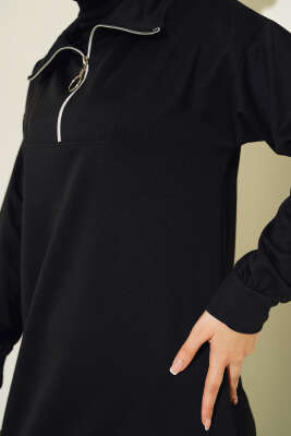 Yaka Fermuarlı İki İplik Elbise Siyah - Tesettür Elbise