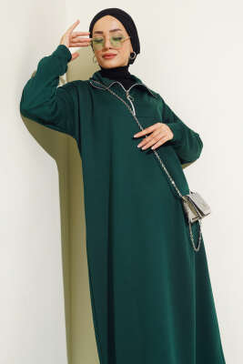 Yaka Fermuarlı İki İplik Elbise Zümrüt - Tesettür Elbise