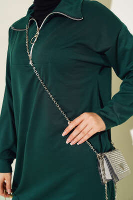 Yaka Fermuarlı İki İplik Elbise Zümrüt - Tesettür Elbise