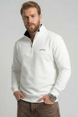 Yaka Fermuarlı İki İplik Erkek Sweatshirt Ekru - FRESHMAN