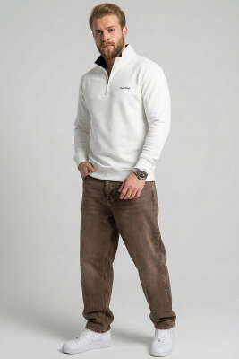 Yaka Fermuarlı İki İplik Erkek Sweatshirt Ekru - Erkek Sweatshirt