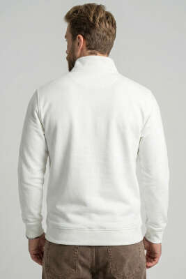 Yaka Fermuarlı İki İplik Erkek Sweatshirt Ekru - Erkek Sweatshirt