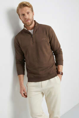 Yaka Fermuarlı İki İplik Erkek Sweatshirt Kahve - FRESHMAN