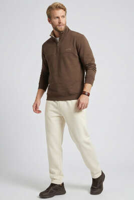 Yaka Fermuarlı İki İplik Erkek Sweatshirt Kahve - Erkek Sweatshirt