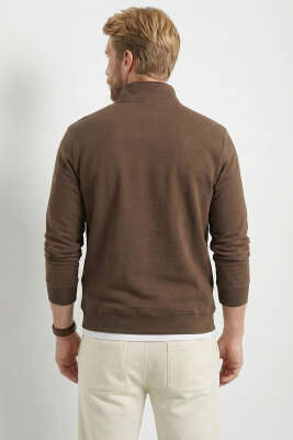 Yaka Fermuarlı İki İplik Erkek Sweatshirt Kahve - Erkek Sweatshirt