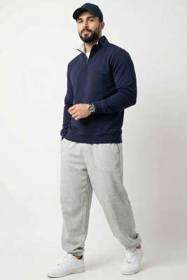 Yaka Fermuarlı İki İplik Erkek Sweatshirt Lacivert - Erkek Sweatshirt