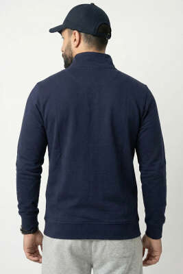 Yaka Fermuarlı İki İplik Erkek Sweatshirt Lacivert - Erkek Sweatshirt