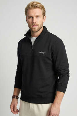 Yaka Fermuarlı İki İplik Erkek Sweatshirt Siyah - FRESHMAN