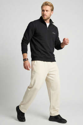 Yaka Fermuarlı İki İplik Erkek Sweatshirt Siyah - Erkek Sweatshirt