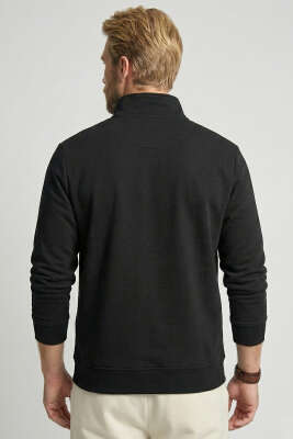 Yaka Fermuarlı İki İplik Erkek Sweatshirt Siyah - Erkek Sweatshirt