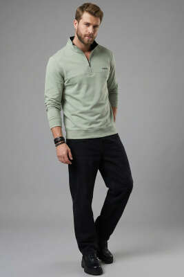 Yaka Fermuarlı İki İplik Erkek Sweatshirt Yeşil - Erkek Sweatshirt