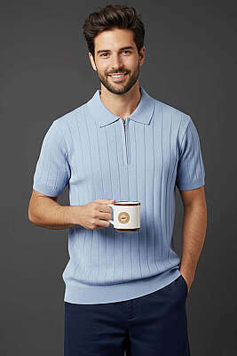 Yaka Fermuarlı İnce Çizgili Erkek T-shirt Bebe Mavi - Erkek T-shirt