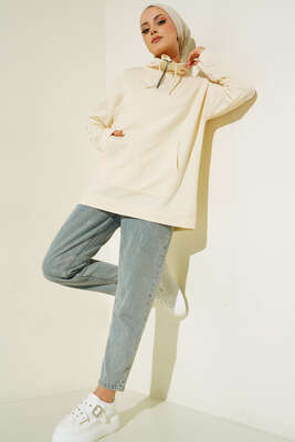 Yaka Fermuarlı Kanguru Cepli Tunik Bej