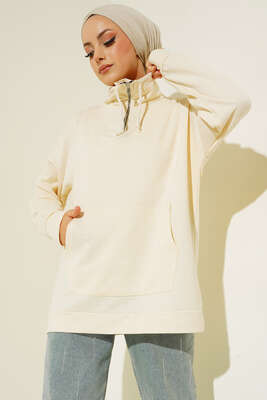 Yaka Fermuarlı Kanguru Cepli Tunik Bej - Tunik