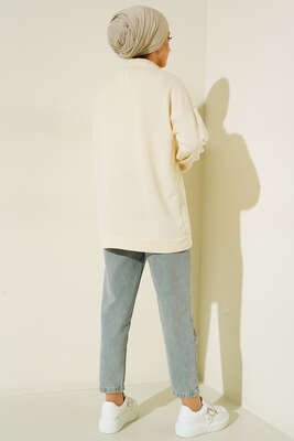 Yaka Fermuarlı Kanguru Cepli Tunik Bej - Tunik