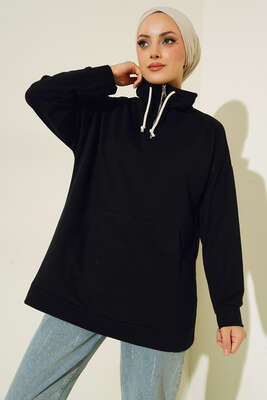 Yaka Fermuarlı Kanguru Cepli Tunik Siyah 