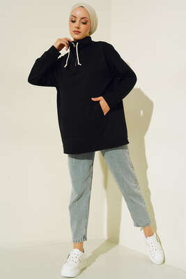 Yaka Fermuarlı Kanguru Cepli Tunik Siyah - Tunik